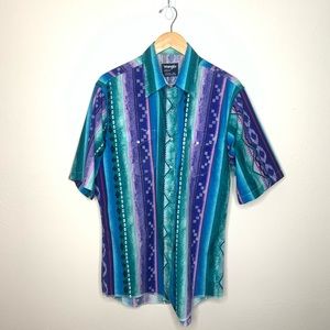 WRANGLER Cowboy Cut Short Sleeve Xtra Long Tails Aztec Shirt 16.5 XL Snap Button